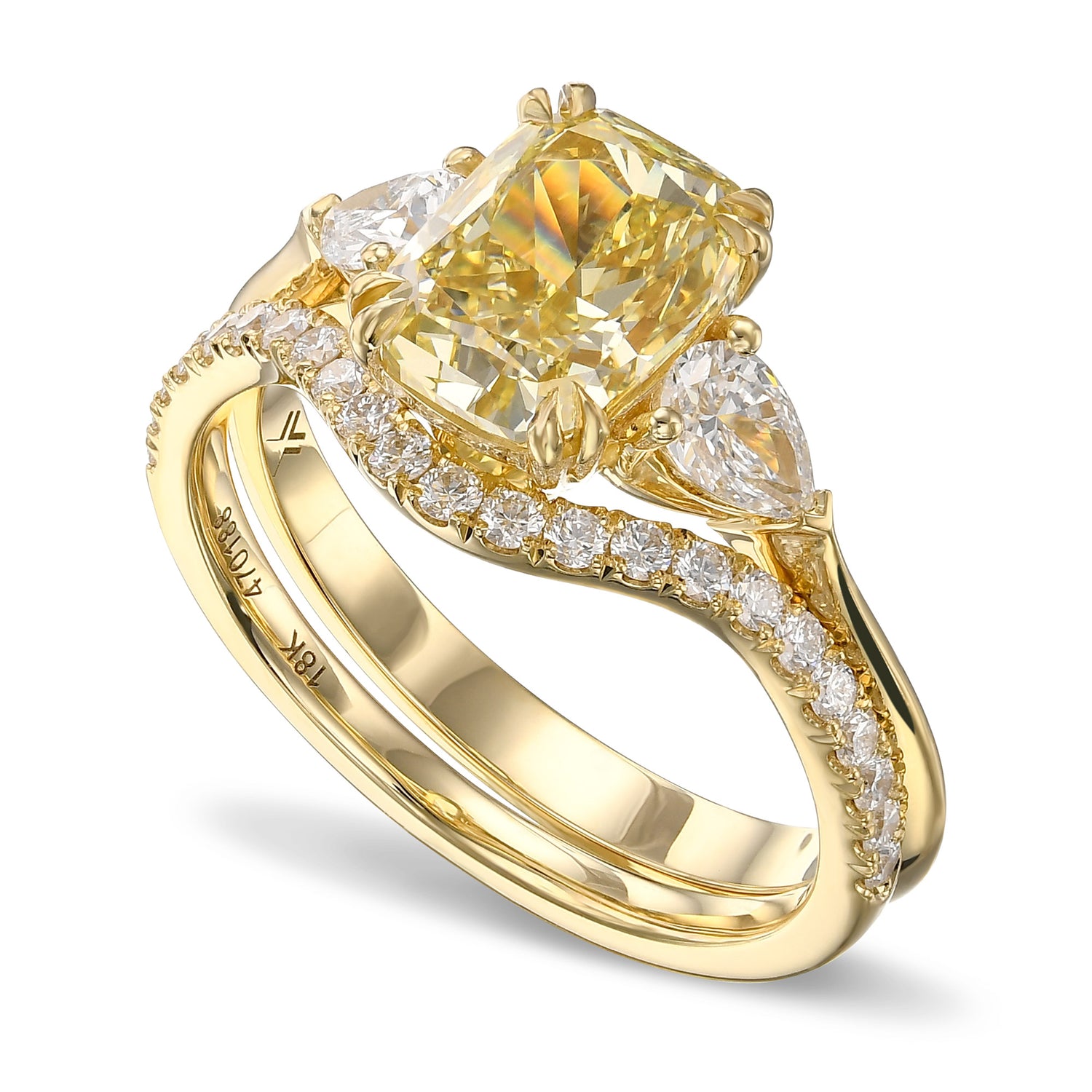Fancy Yellow Cushion and Pear 3-stone Ring with Matching Contoured Wedding Band