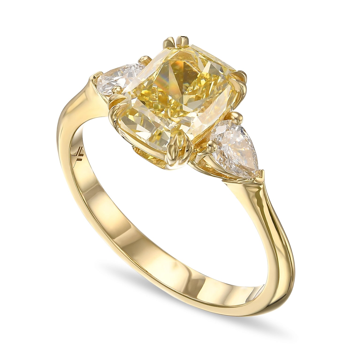 Fancy Yellow Cushion and Pear 3-stone Ring with Matching Contoured Wedding Band