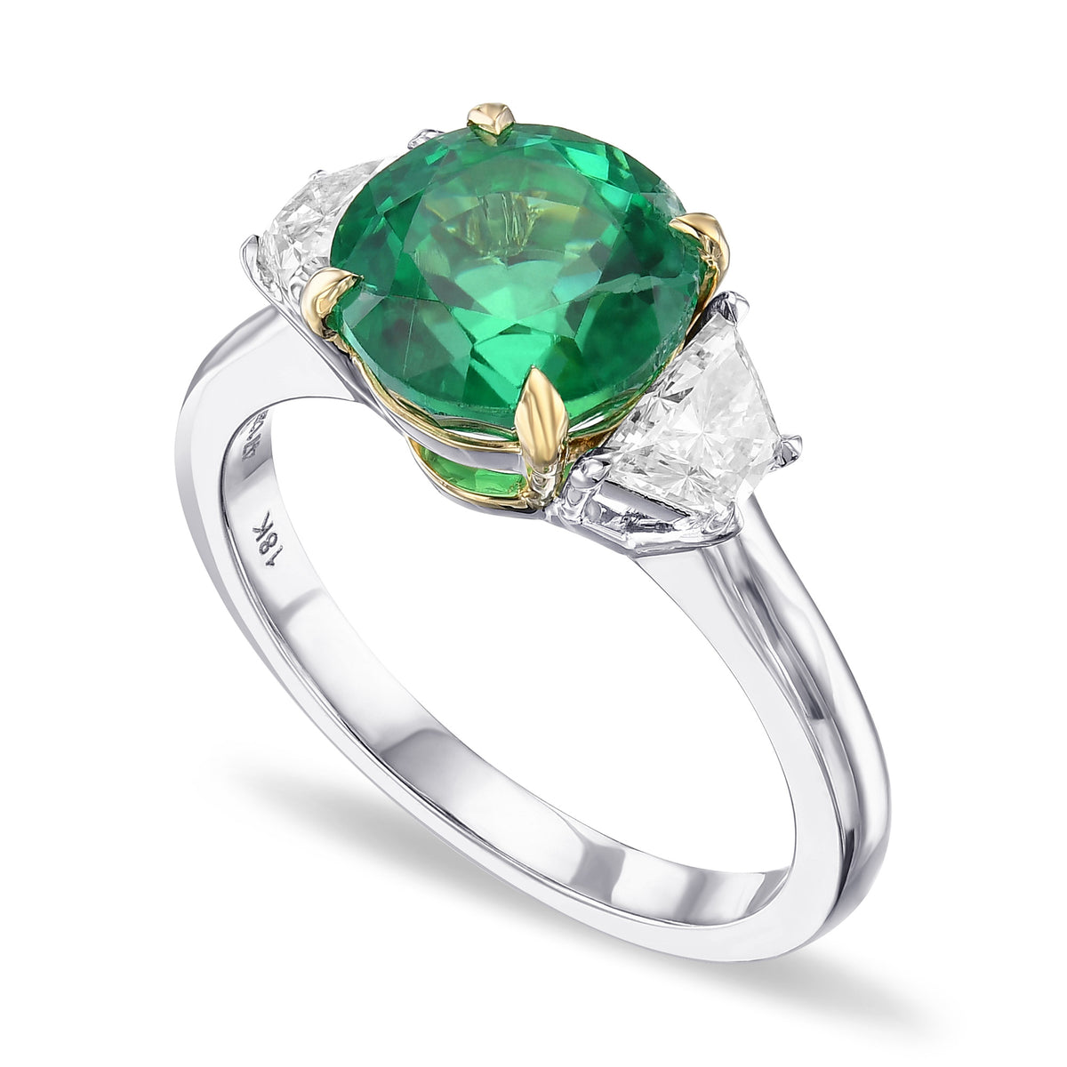 Round Green Ethiopian Emerald & Trapezoid 3-stone Ring