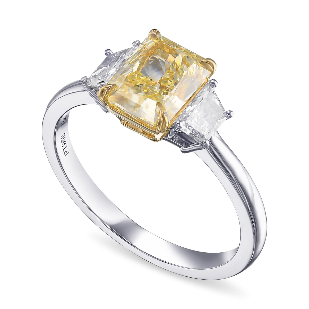 Fancy Yellow Radiant and Trapezoid 3 Stone Diamond Ring