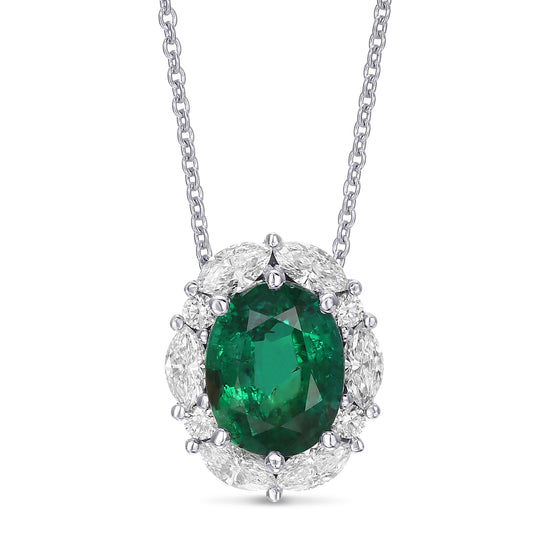 Extraordinary Oval Emerald and Diamond Halo Pendant