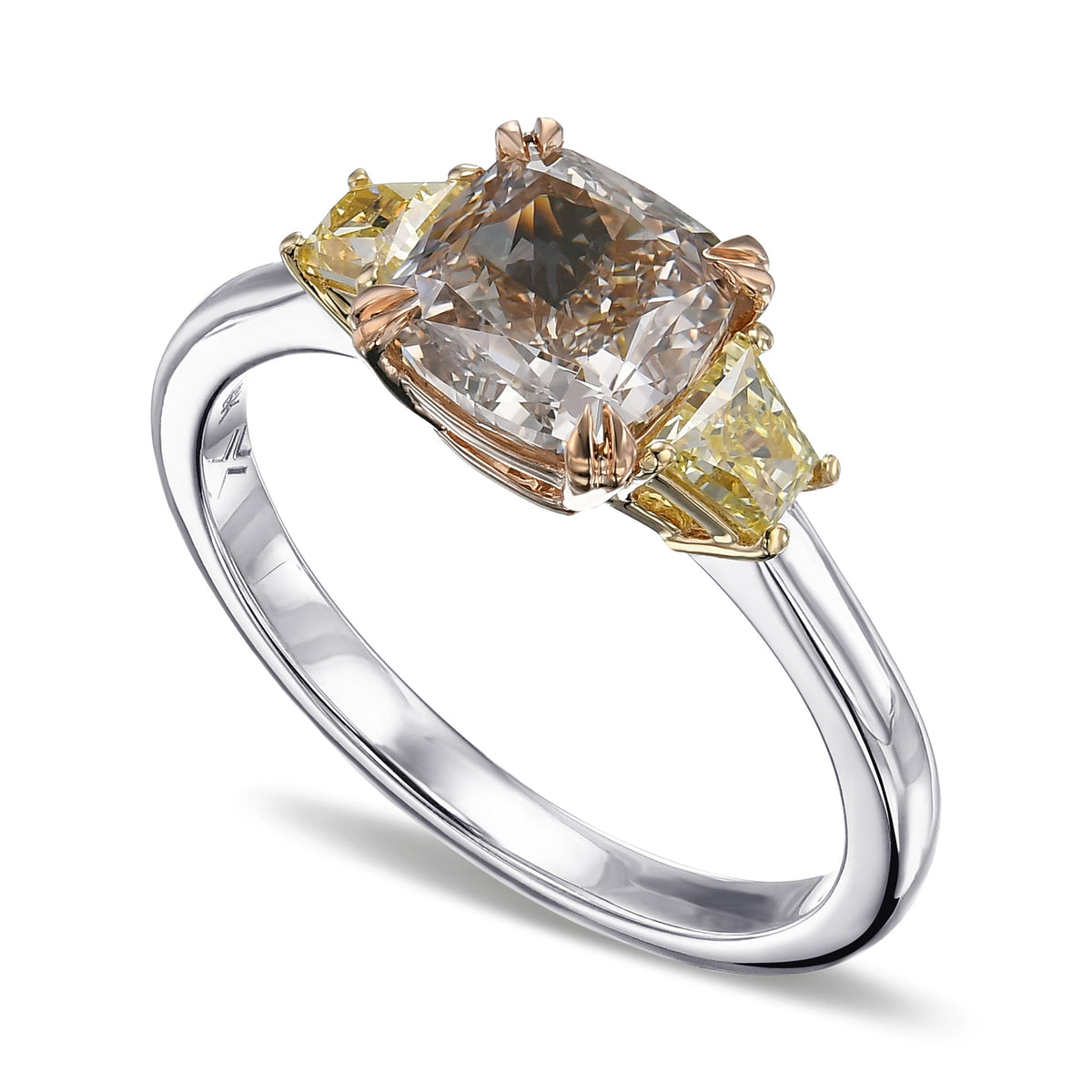 Fancy Brown Cushion & Fancy Intense Yellow Trapezoid 3 Stone Diamond Ring