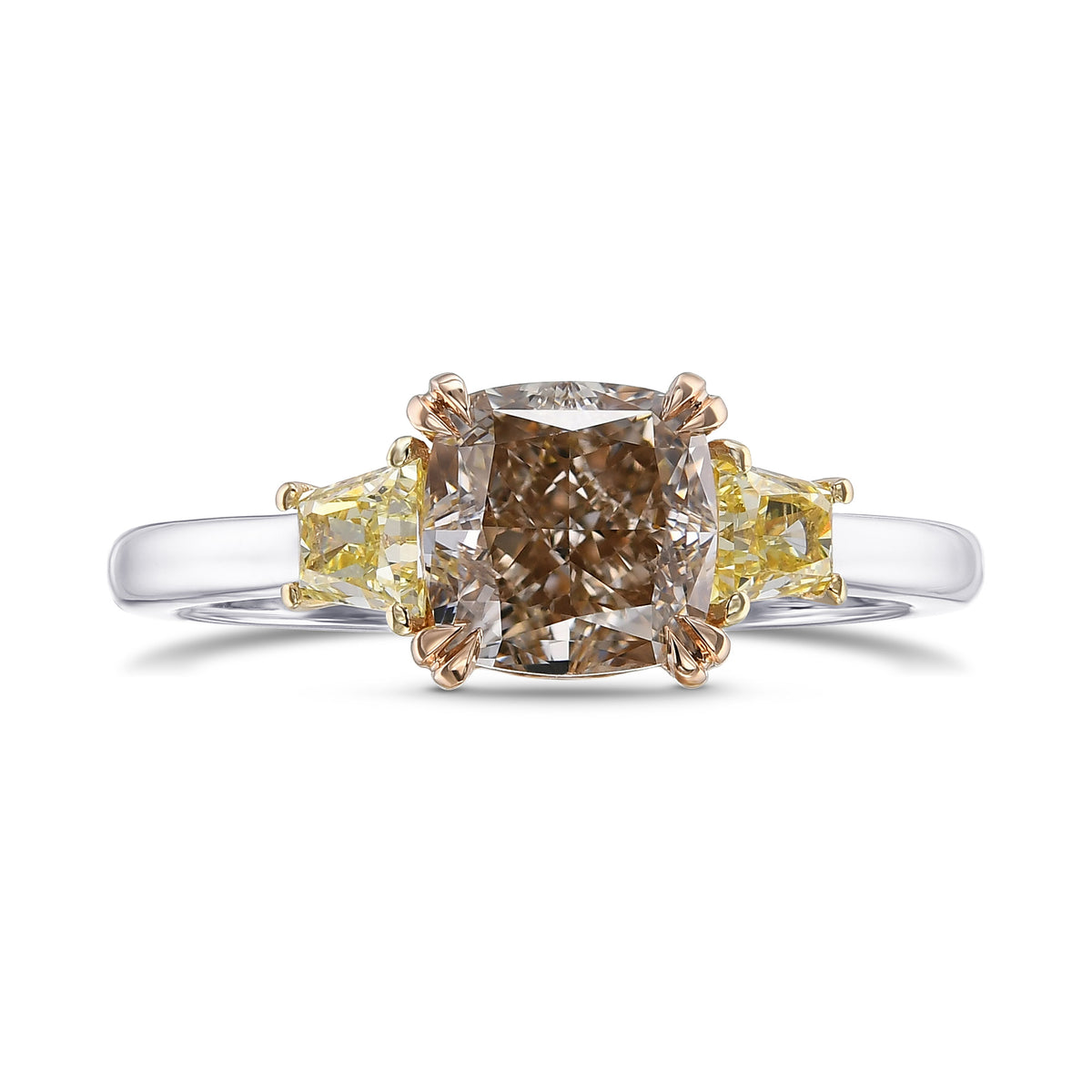 Fancy Brown Cushion & Fancy Intense Yellow Trapezoid 3 Stone Diamond Ring