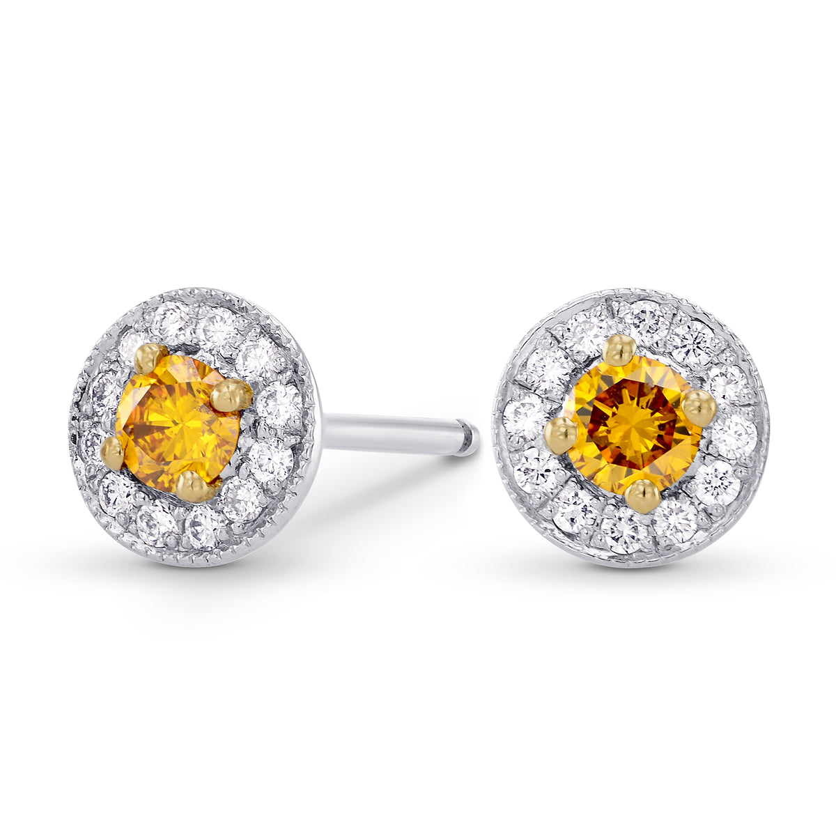  Fancy Vivid Orange Yellow & White Pave Halo Diamond Earrings