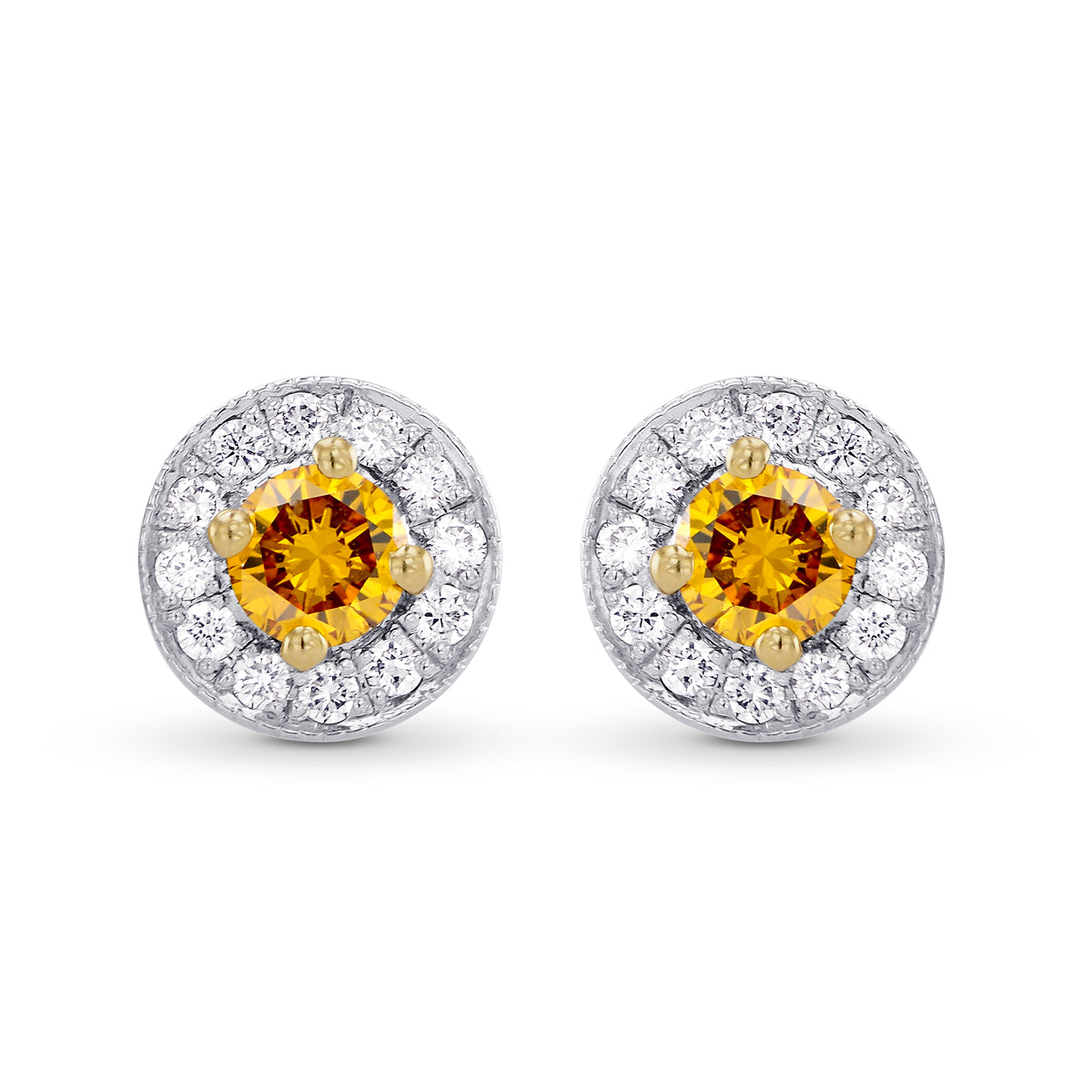  Fancy Vivid Orange Yellow & White Pave Halo Diamond Earrings