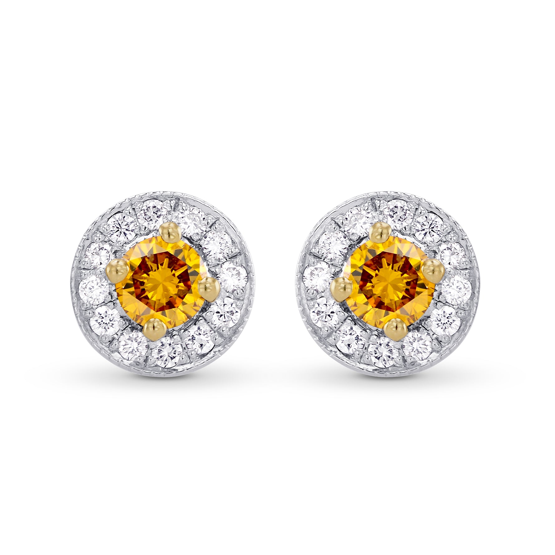  Fancy Vivid Orange Yellow & White Pave Halo Diamond Earrings