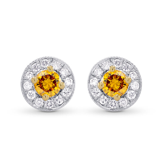  Fancy Vivid Orange Yellow & White Pave Halo Diamond Earrings