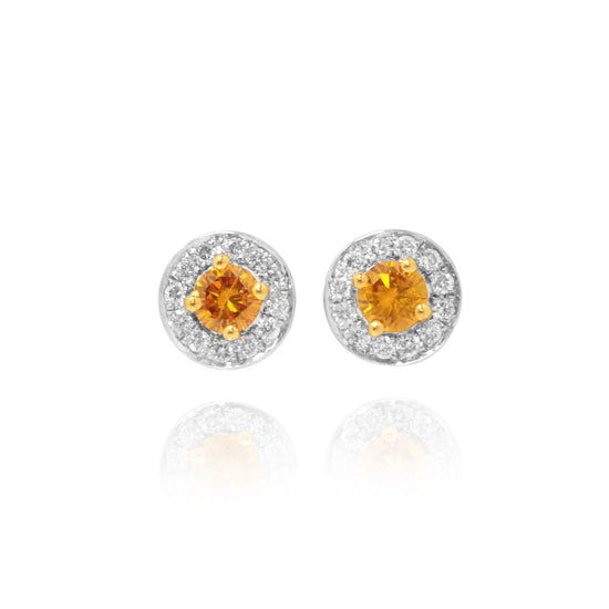 Fancy Vivid Orange Yellow & White Millgrain Pave Diamond Earrings 