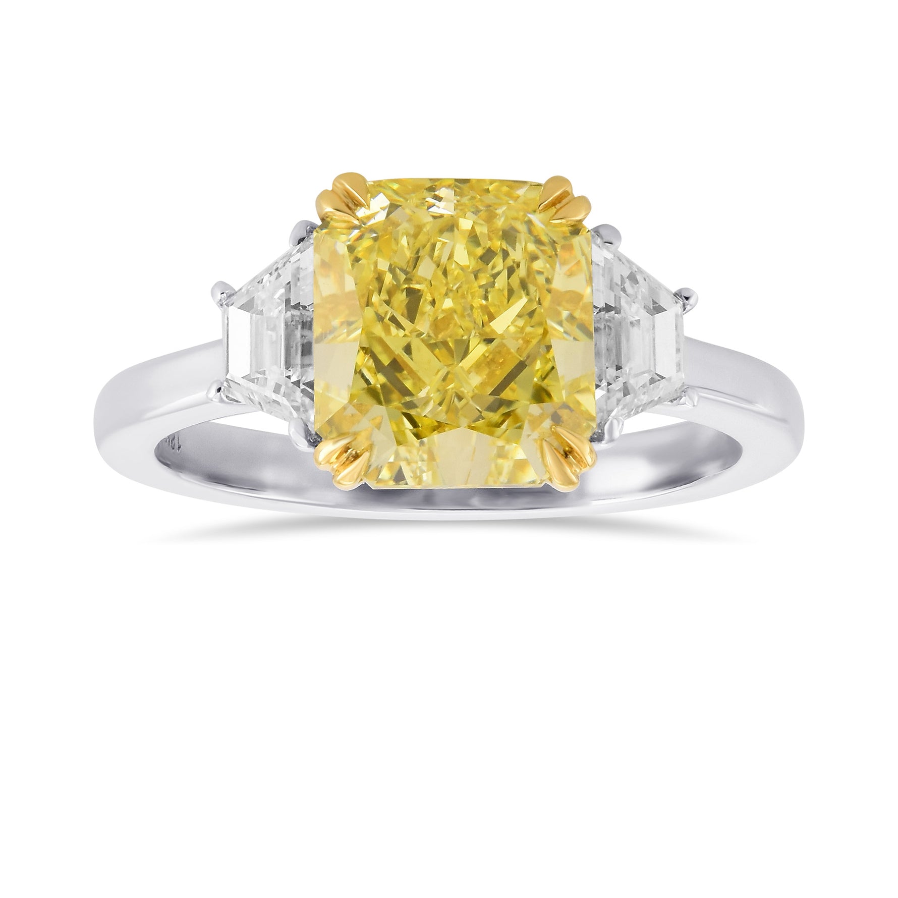 Fancy Intense Yellow Radiant & Trapezoid 3 Stone Diamond Ring