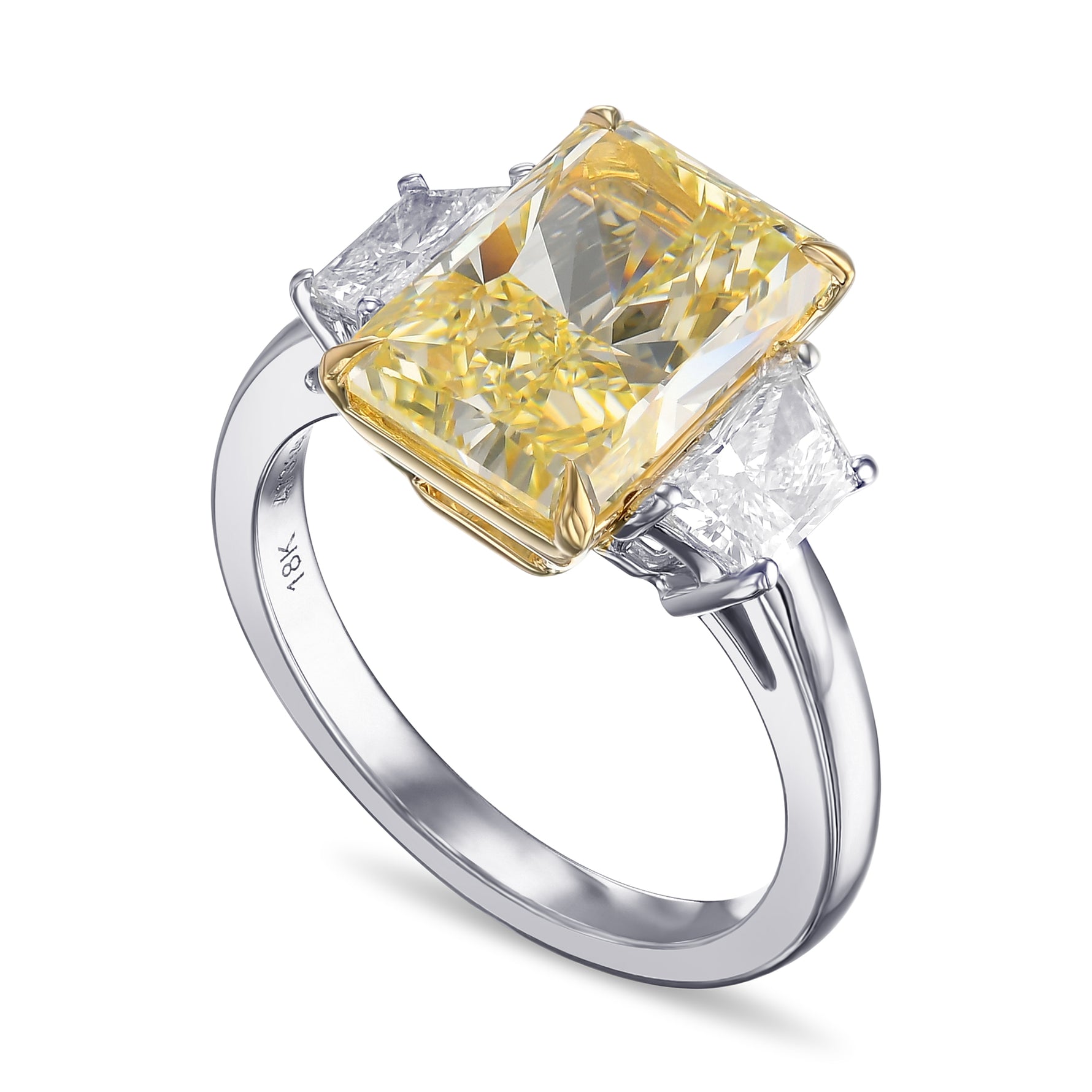 Fancy Light Yellow Radiant and Trapezoid Three Stone Diamond Ring 