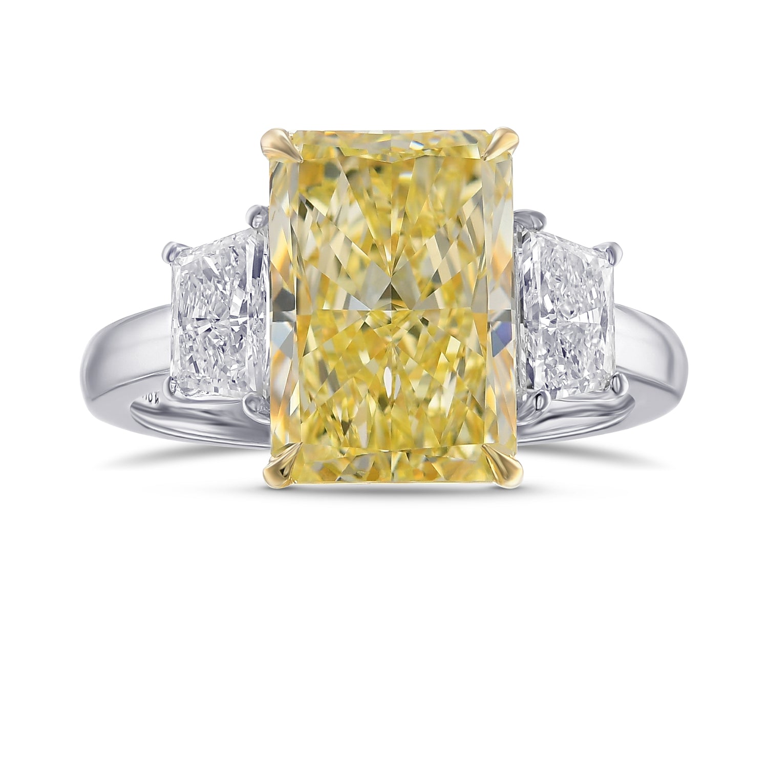 Fancy Light Yellow Radiant and Trapezoid Three Stone Diamond Ring 