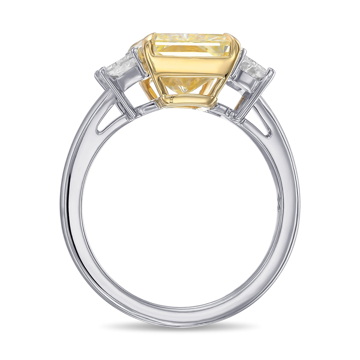 Fancy Light Yellow Radiant and Trapezoid Three Stone Diamond Ring 