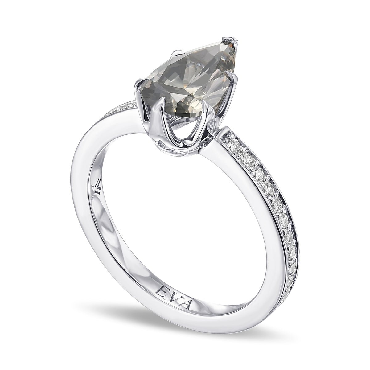 Fancy Dark Greenish Gray Side-stone Pear Diamond Ring