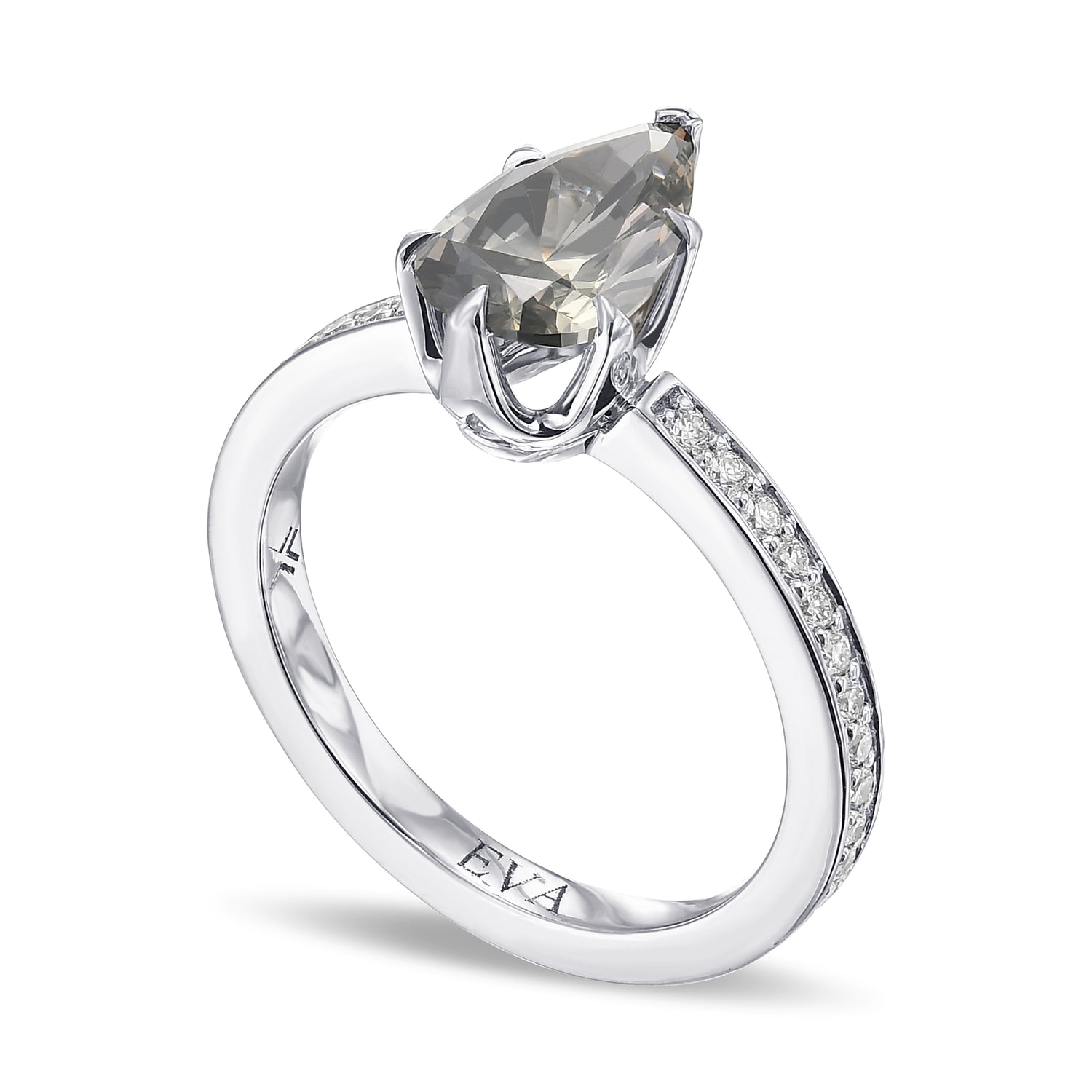 Fancy Dark Greenish Gray Side-stone Pear Diamond Ring