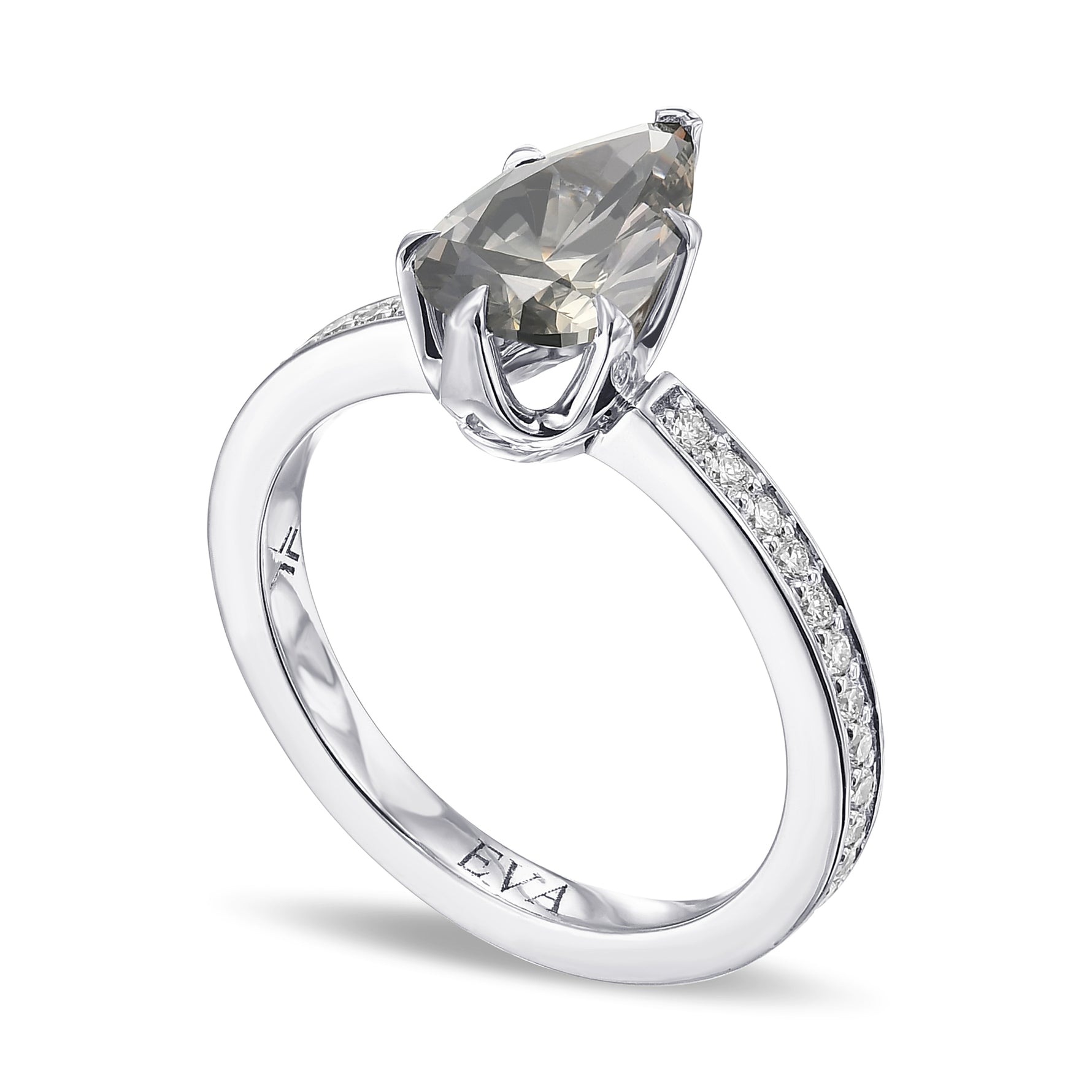 Fancy Dark Greenish Gray Side-stone Pear Diamond Ring