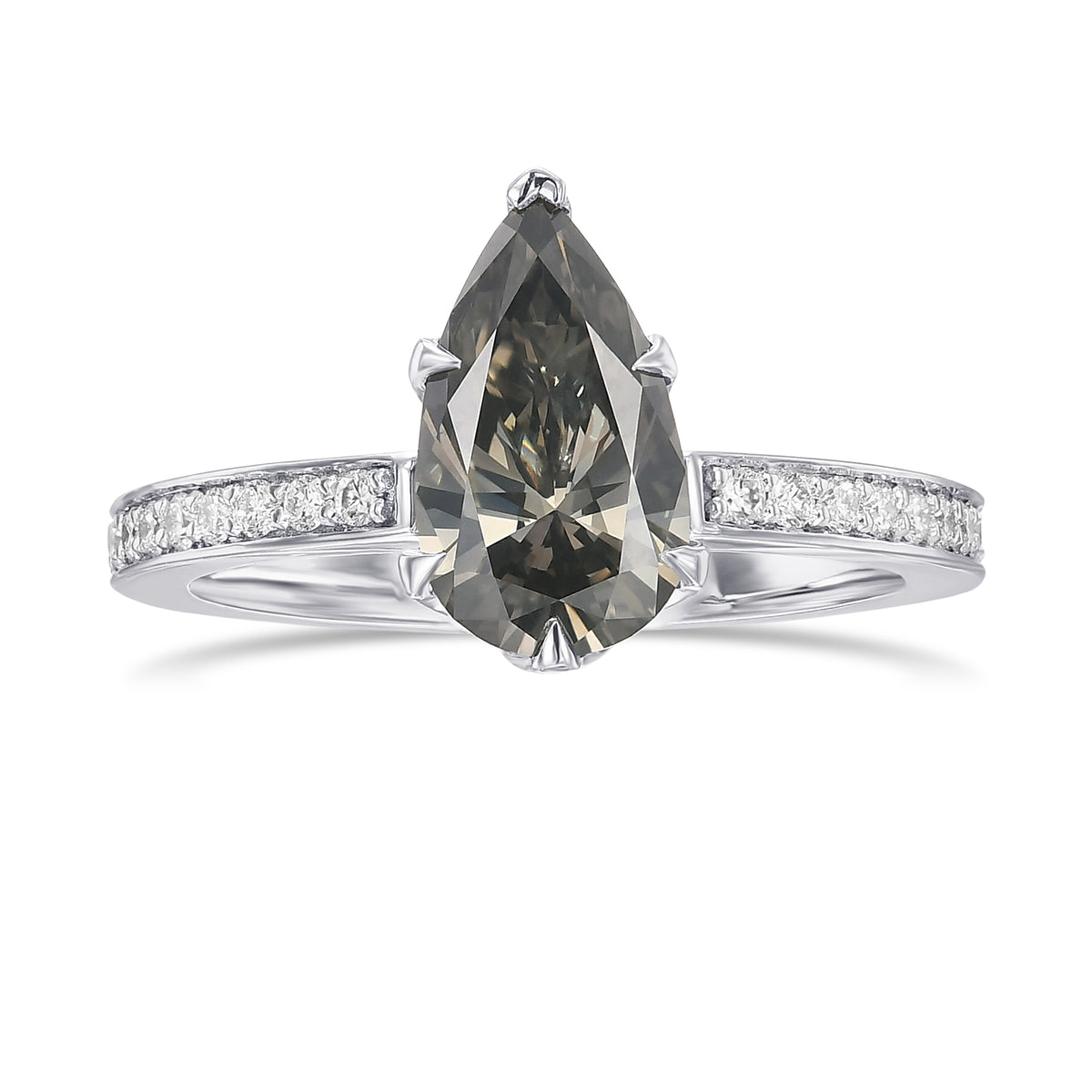 Fancy Dark Greenish Gray Side-stone Pear Diamond Ring