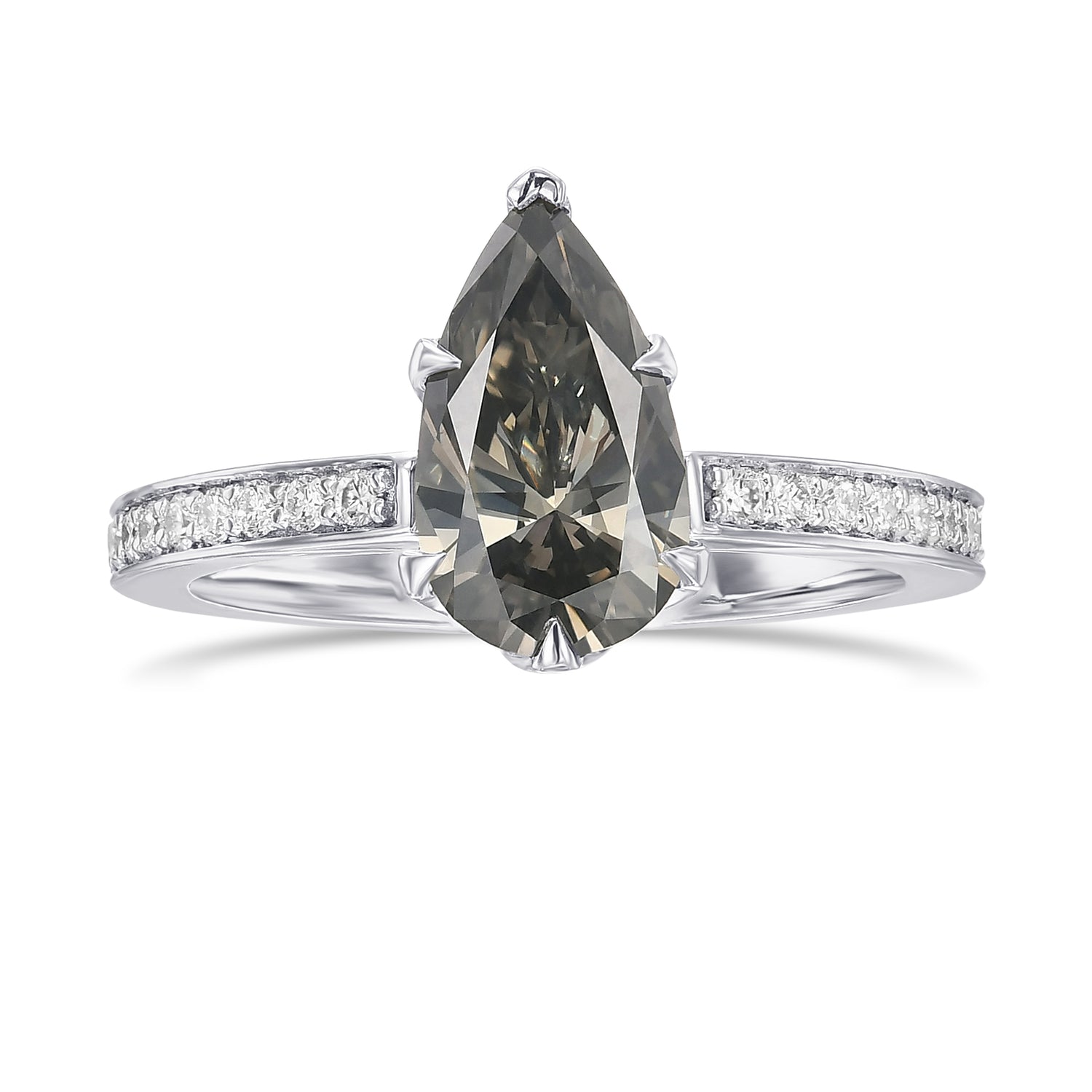 Fancy Dark Greenish Gray Side-stone Pear Diamond Ring