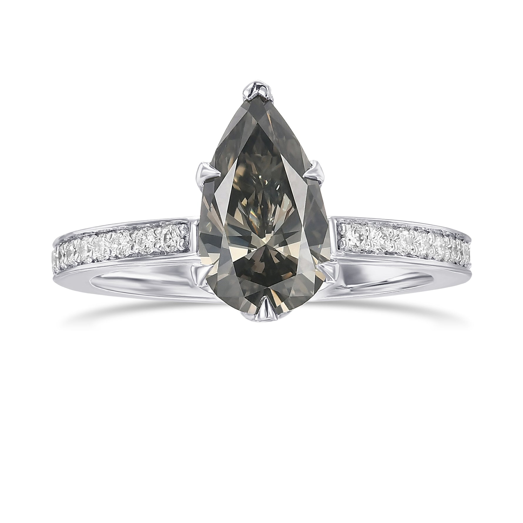 Fancy Dark Greenish Gray Side-stone Pear Diamond Ring