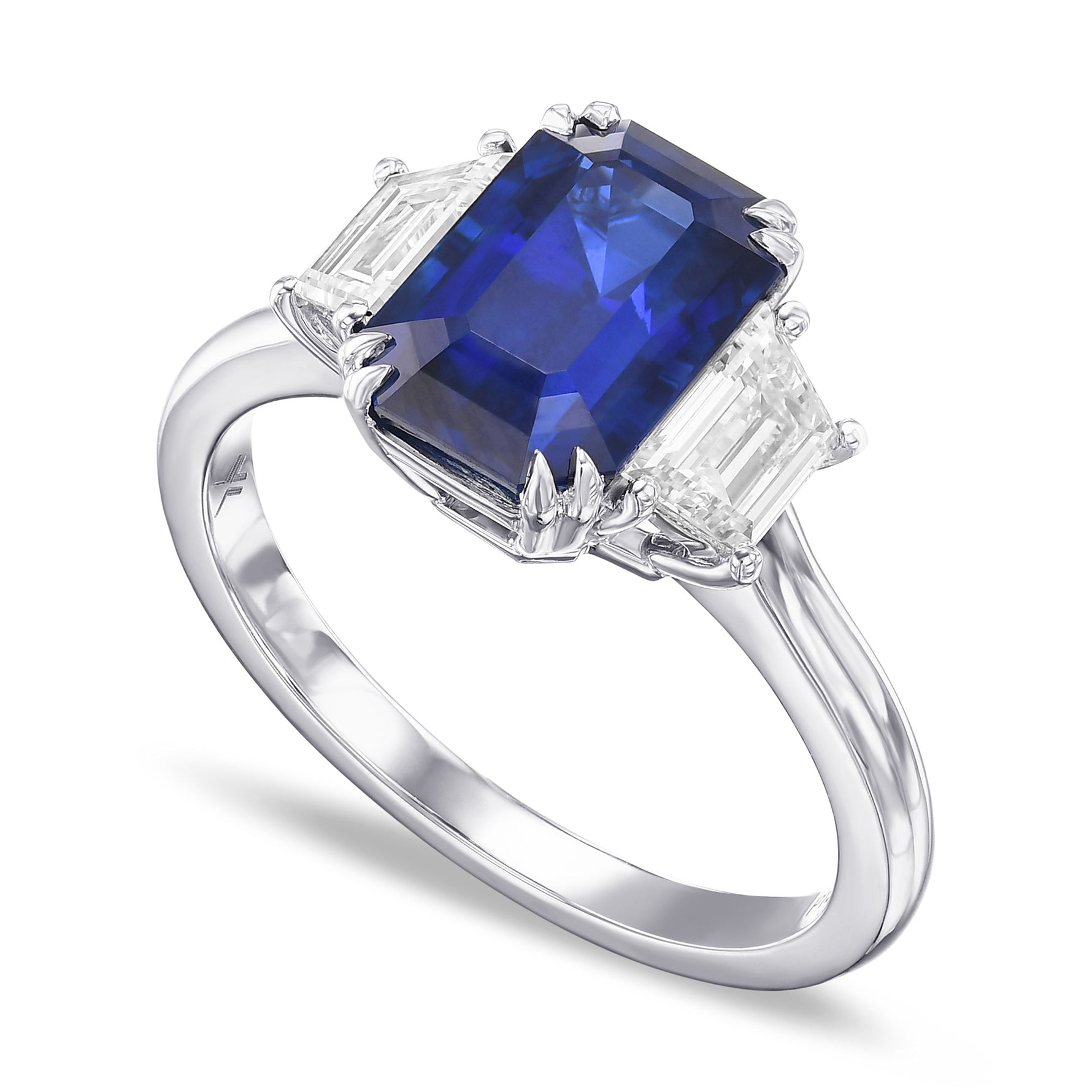 Emerald Sapphire and Trapezoid Diamond 3-Stone Ring 