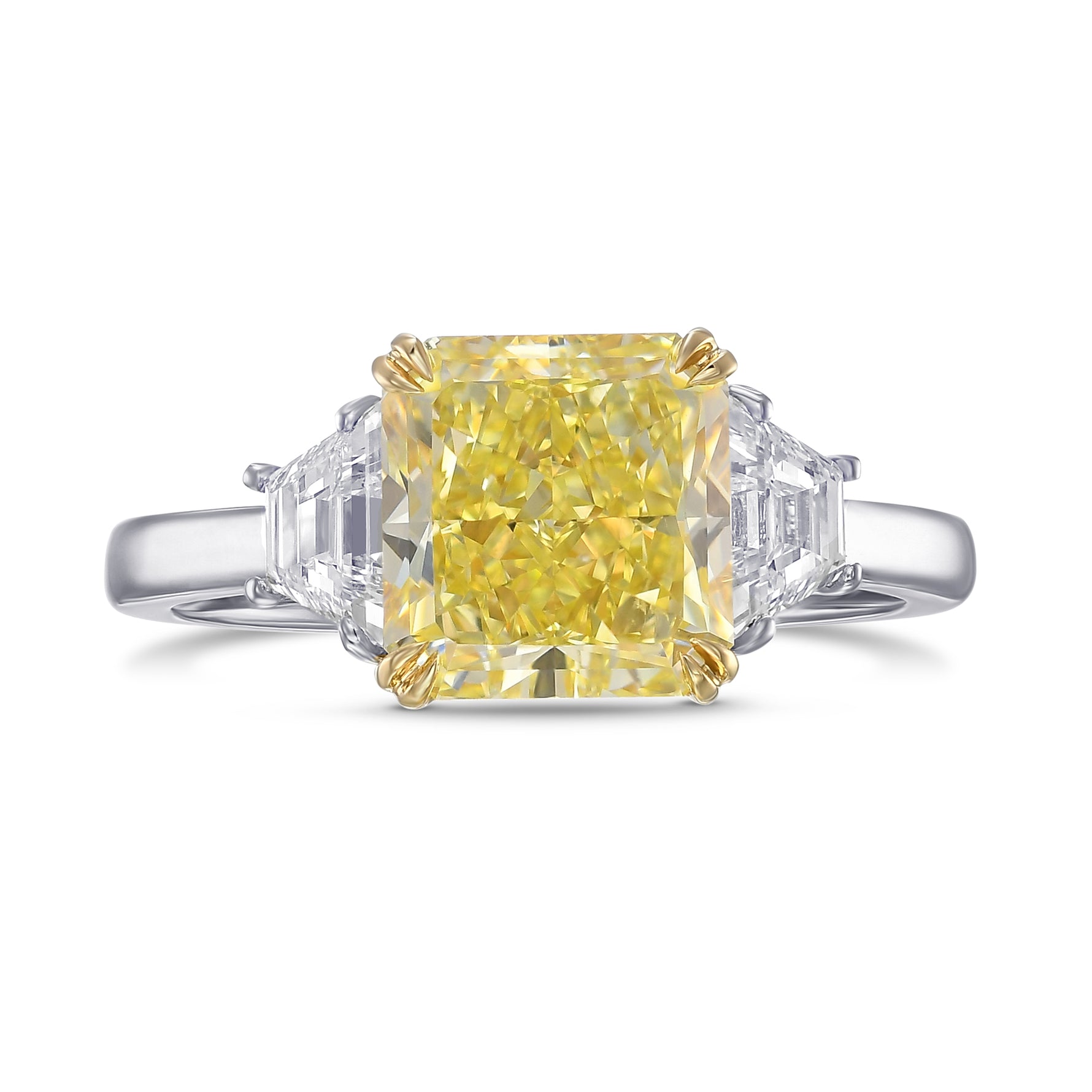 Fancy Yellow Radiant & Trapezoid 3-Stone Diamond Ring 