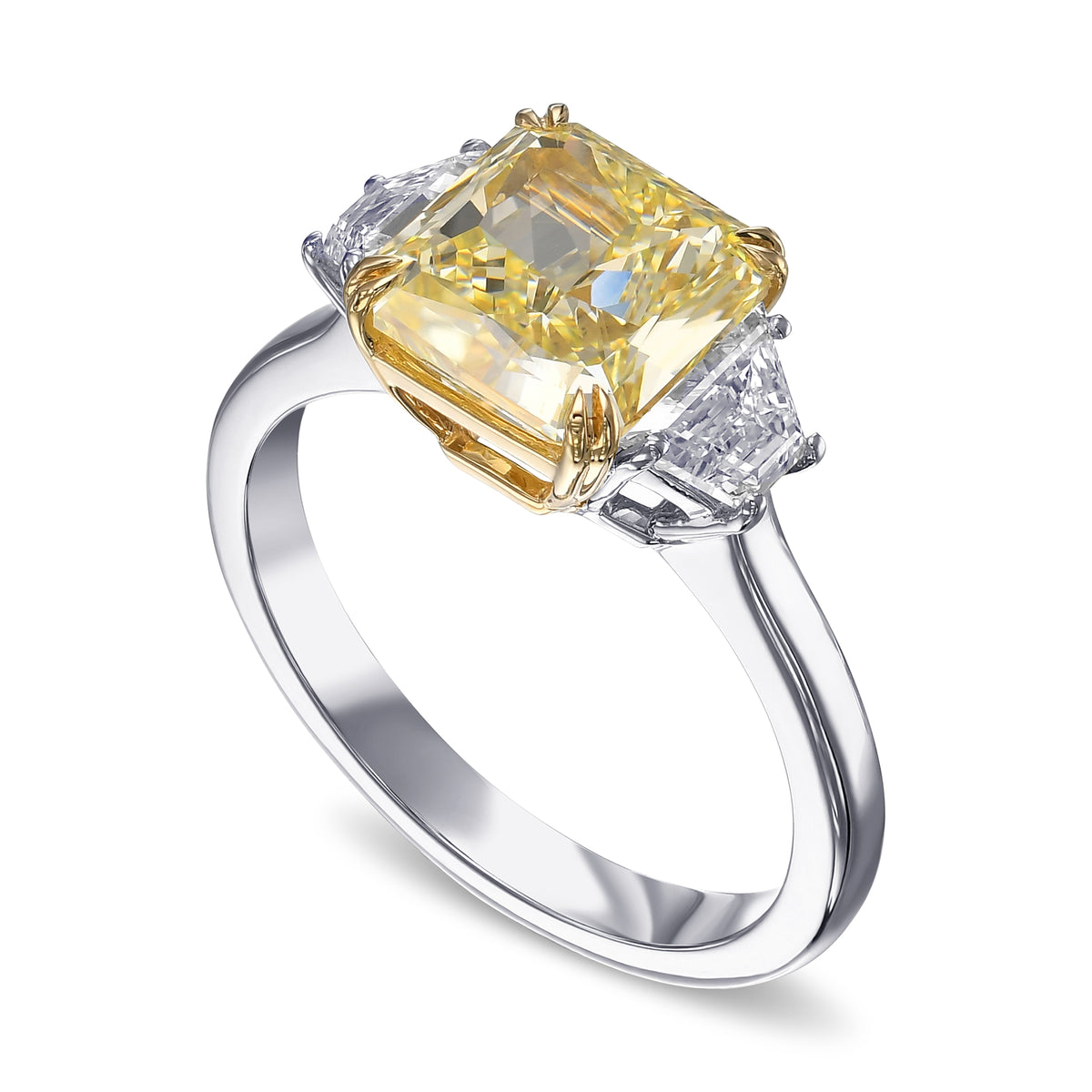 Fancy Yellow Radiant & Trapezoid 3-Stone Diamond Ring 