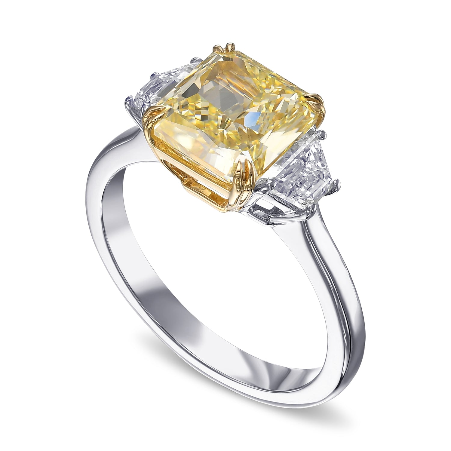 Fancy Yellow Radiant & Trapezoid 3-Stone Diamond Ring 