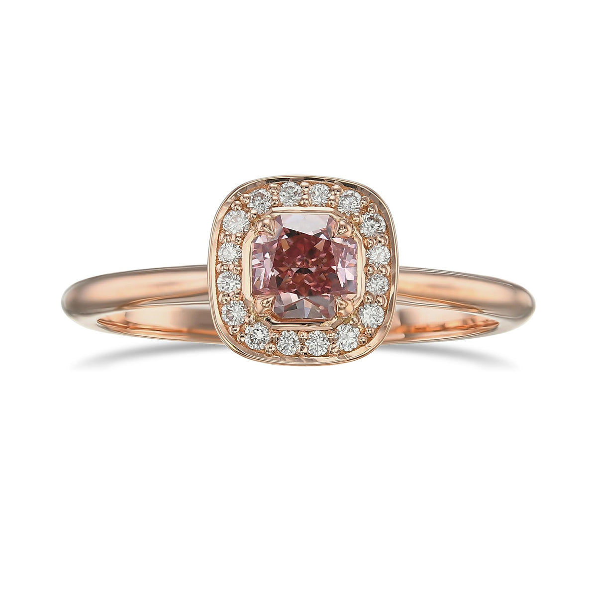 Fancy Orangy Pink Radiant Halo Diamond Ring