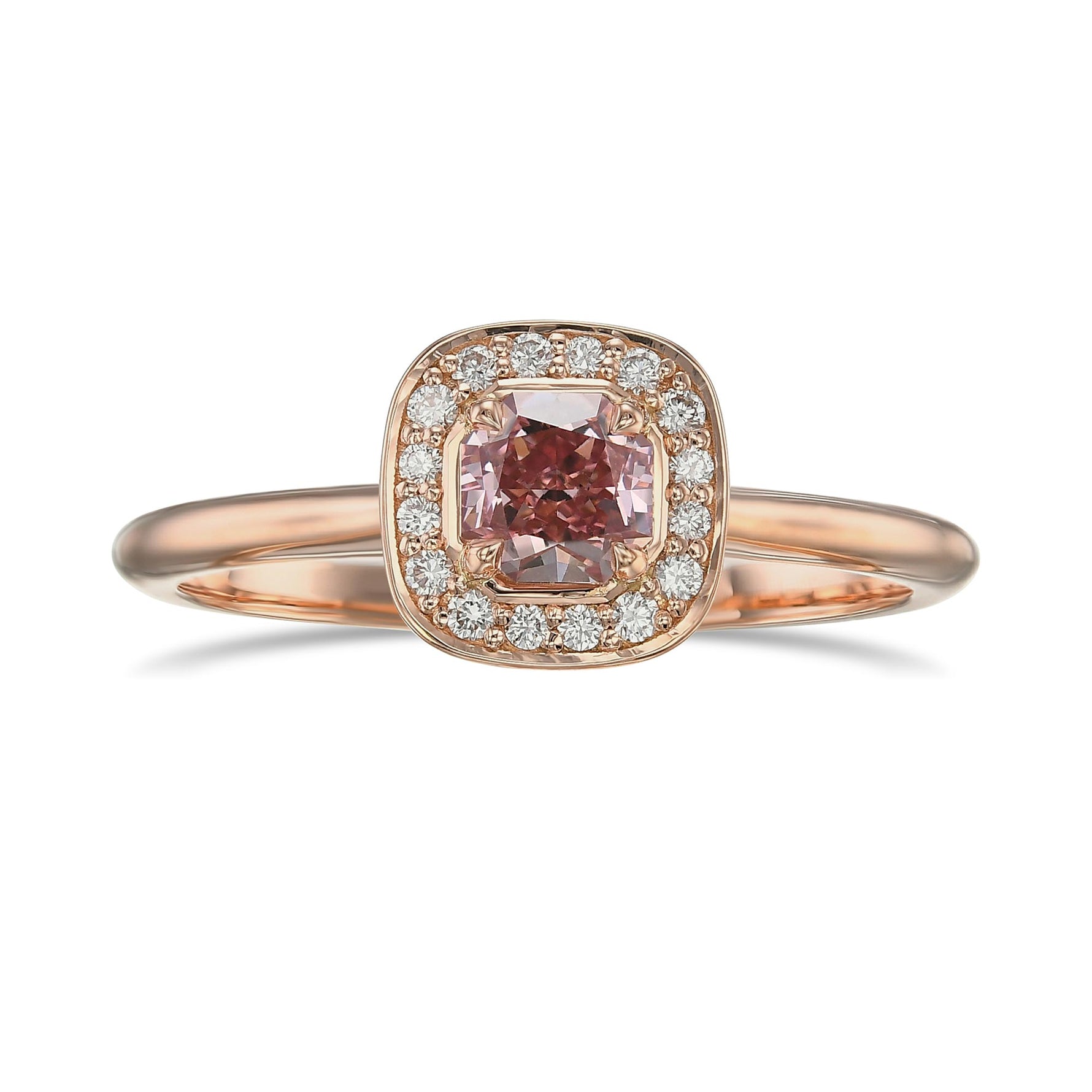 Fancy Orangy Pink Radiant Halo Diamond Ring