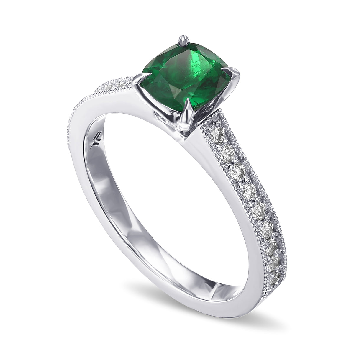 Green Cushion Colombian Emerald Side Stone Ring