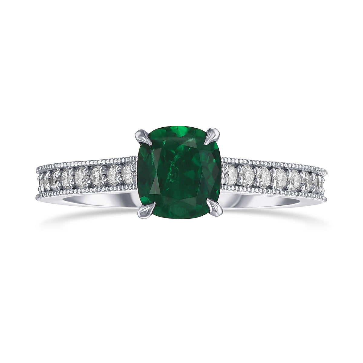 Green Cushion Colombian Emerald Side Stone Ring