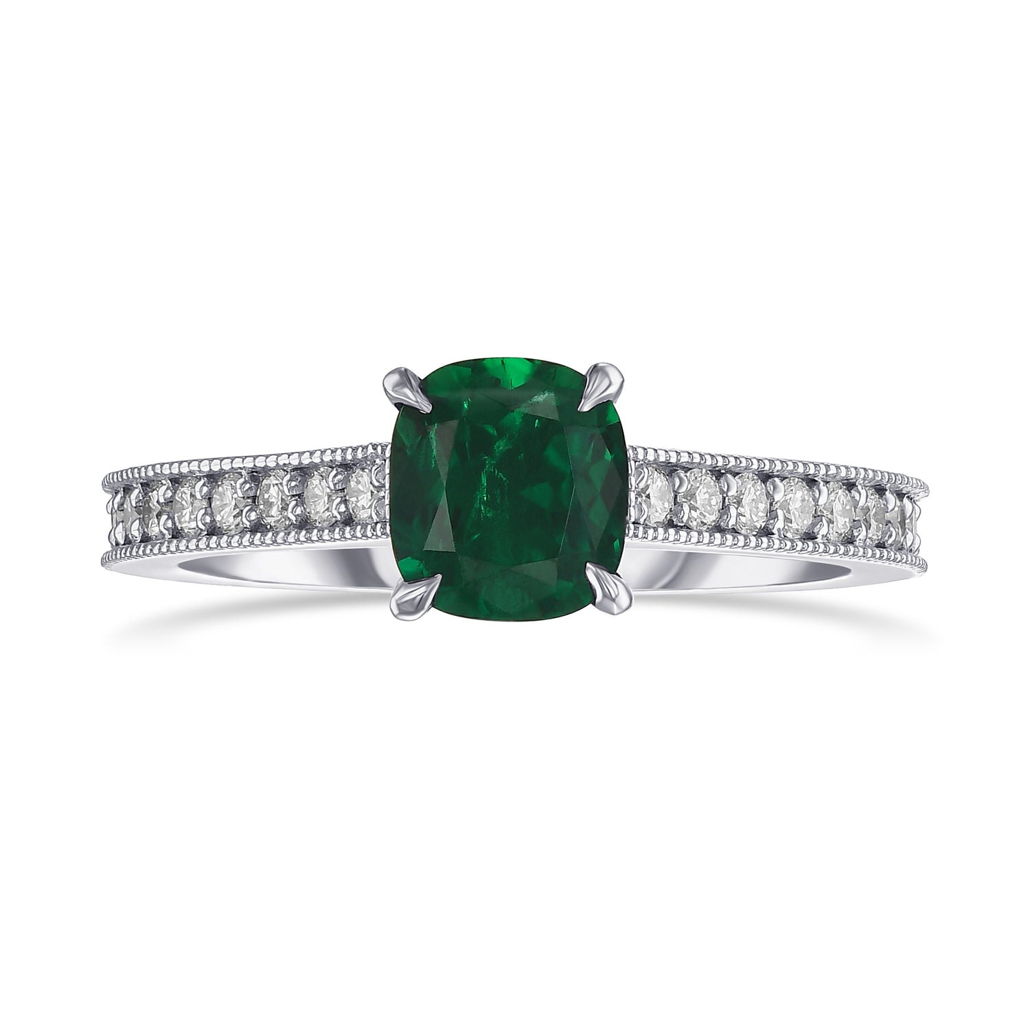 Green Cushion Colombian Emerald Side Stone Ring