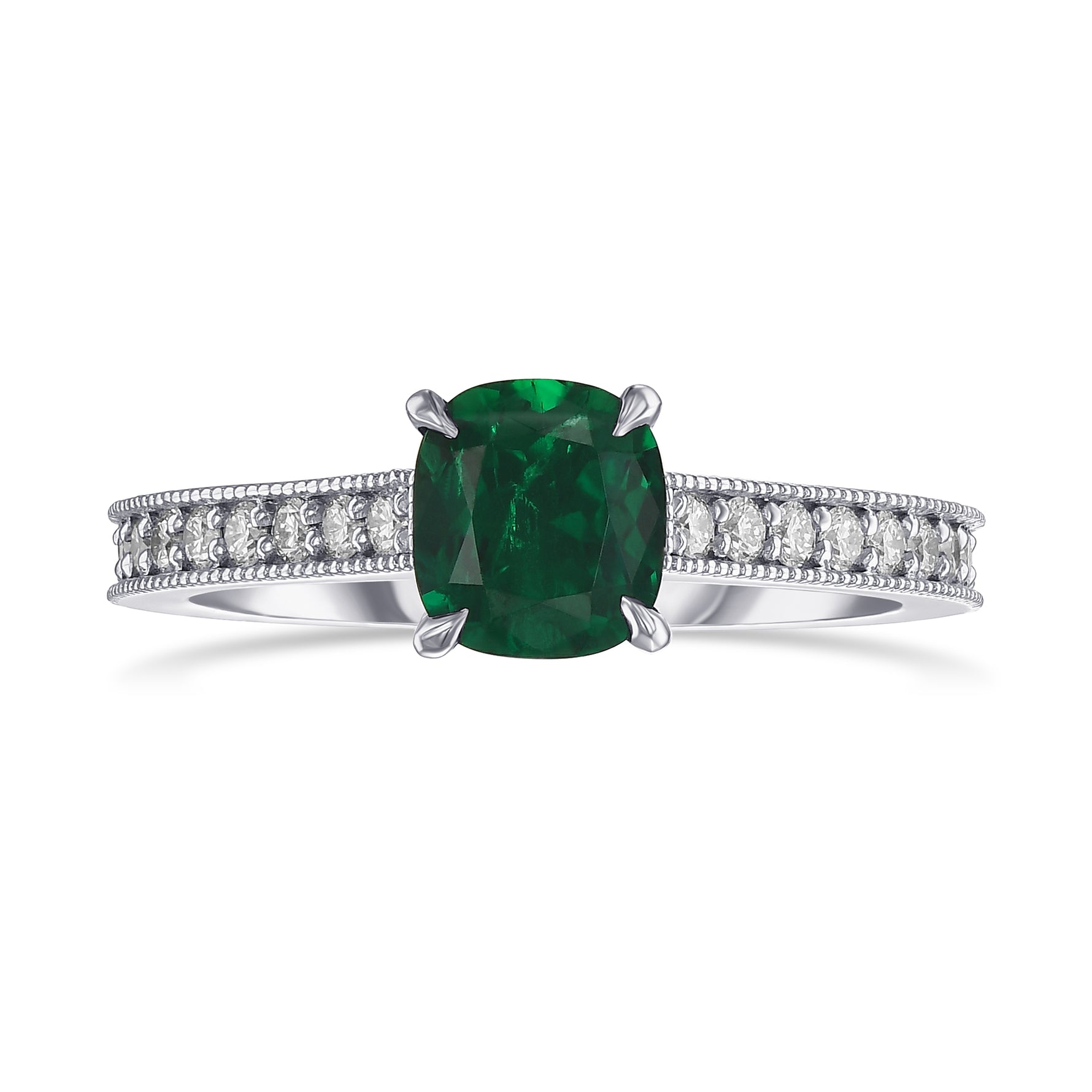 Green Cushion Colombian Emerald Side Stone Ring