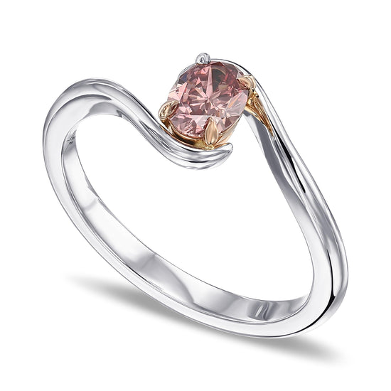 Fancy Deep Orangy Pink Oval Solitaire Crossover Diamond Ring