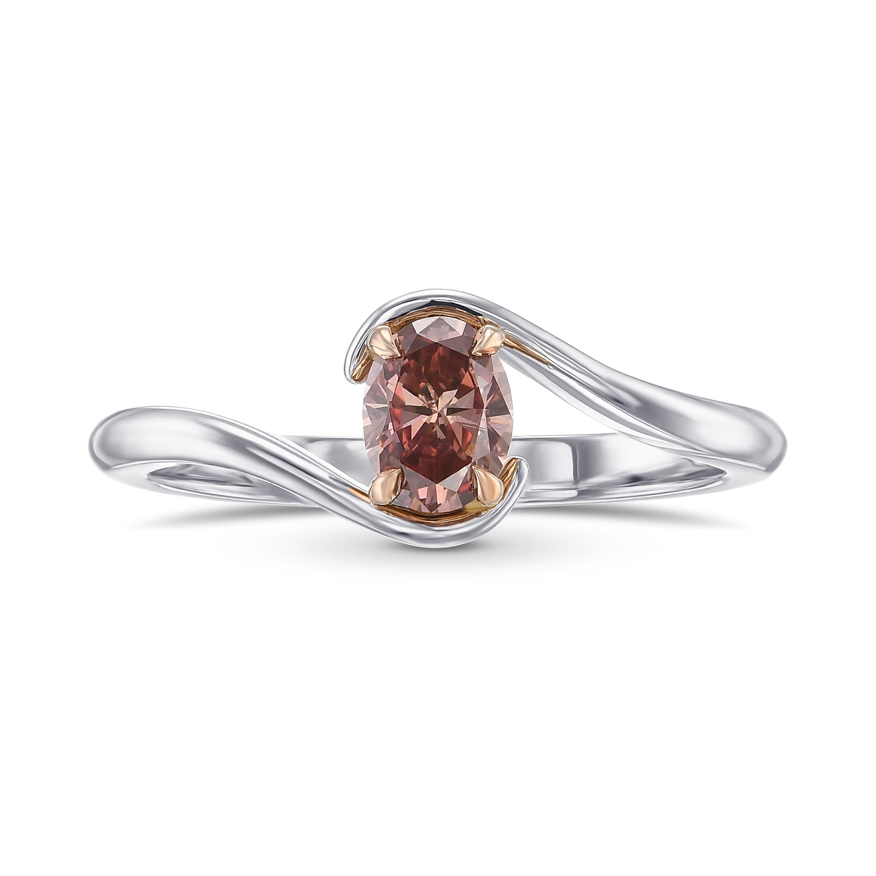 Fancy Deep Orangy Pink Oval Solitaire Crossover Diamond Ring