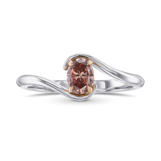 Fancy Deep Orangy Pink Oval Solitaire Crossover Diamond Ring