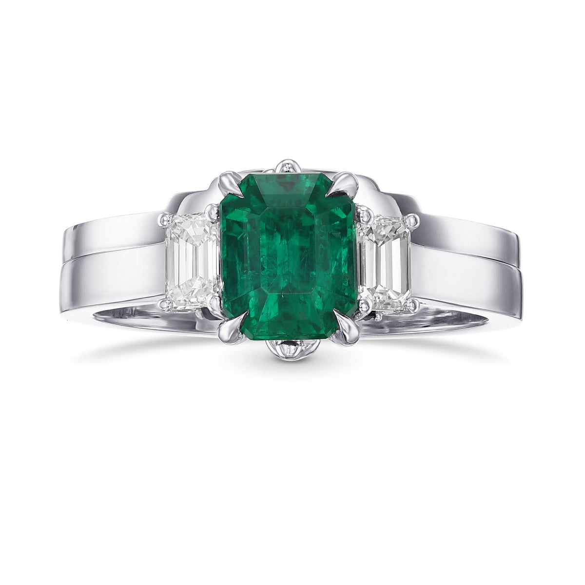 Colombian Emerald & Diamond 3-stone Engagement & Wedding Ring Set