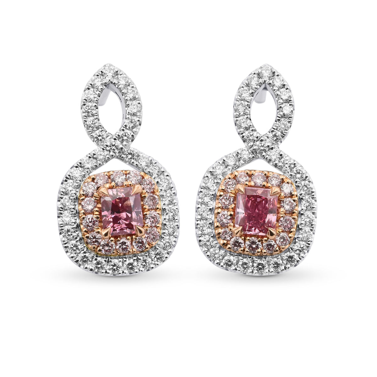 Purplish Pink Radiant Diamond Double Halo Earrings