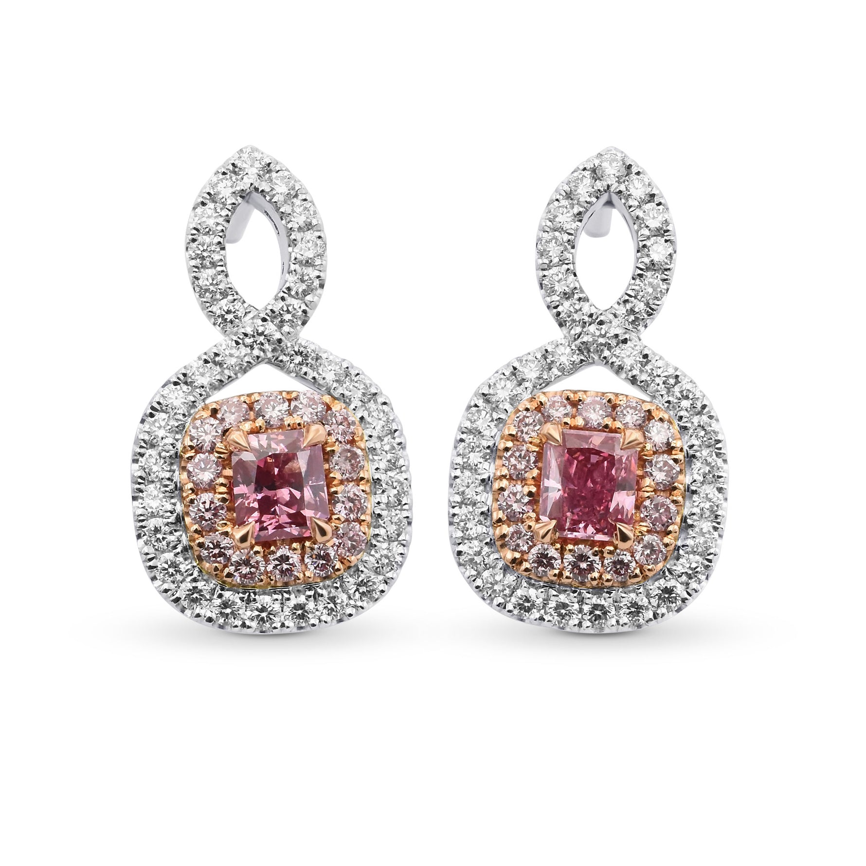 Purplish Pink Radiant Diamond Double Halo Earrings