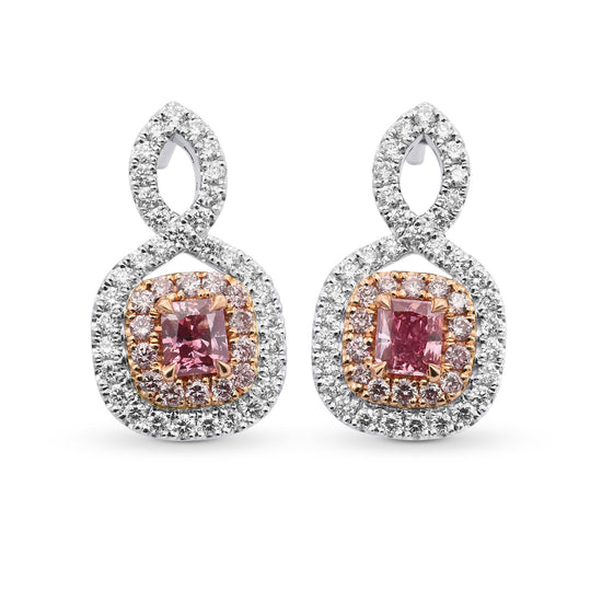 Purplish Pink Radiant Diamond Double Halo Earrings