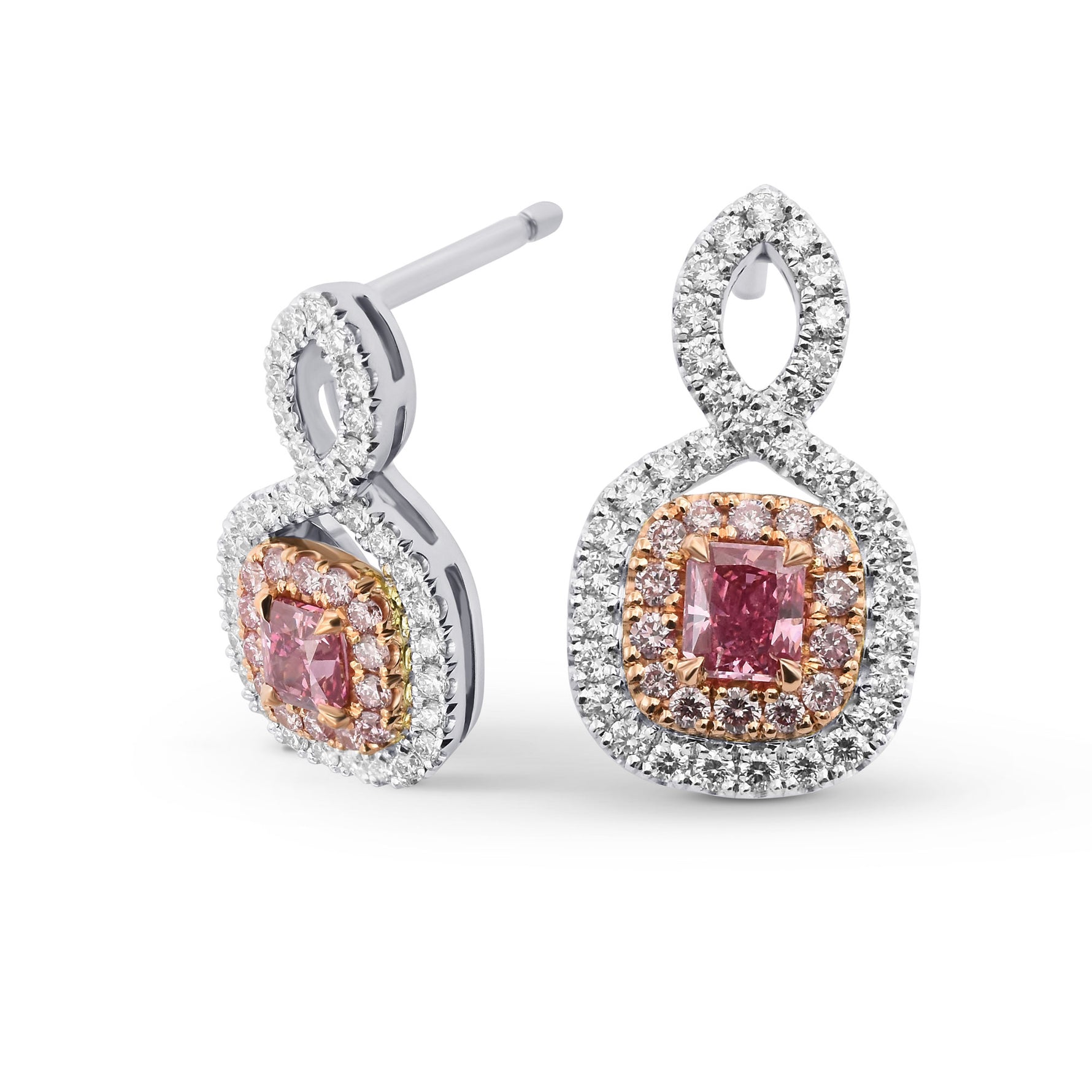 Purplish Pink Radiant Diamond Double Halo Earrings
