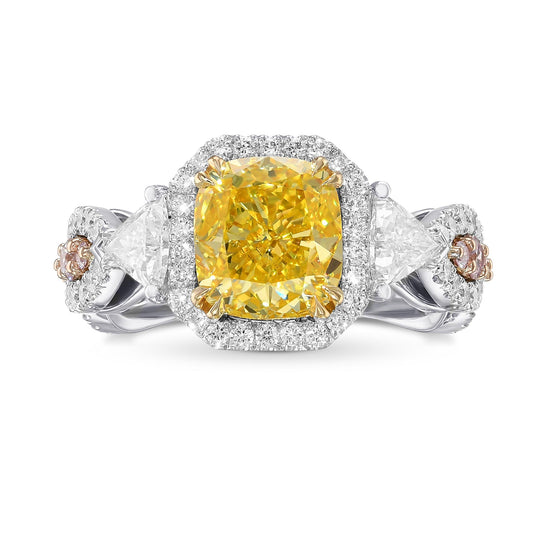 Extraordinary Fancy Vivid Yellow Cushion 3 Stone Ring