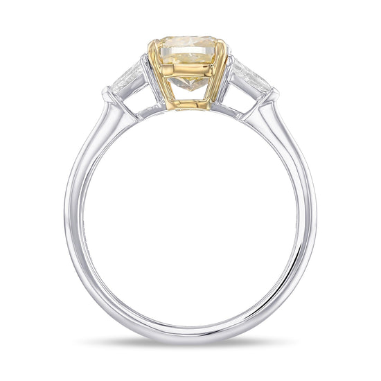 Fancy Brownish Greenish Yellow Cushion and Triangle Three stone Diamond Ring 