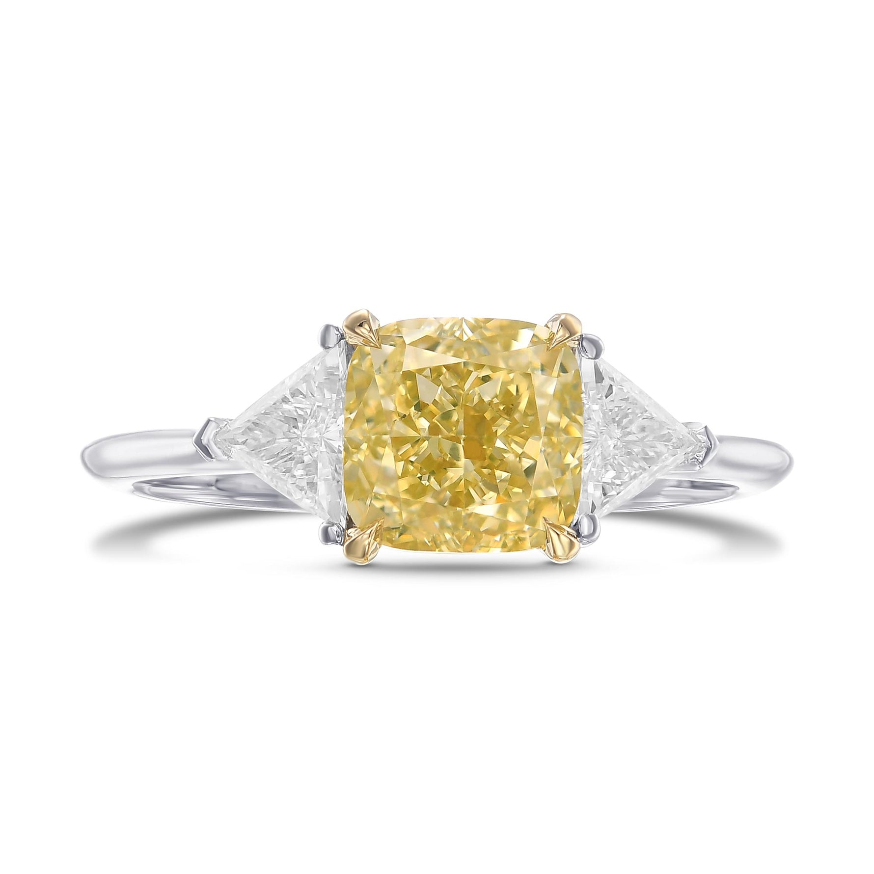 Fancy Brownish Greenish Yellow Cushion and Triangle Three stone Diamond Ring 
