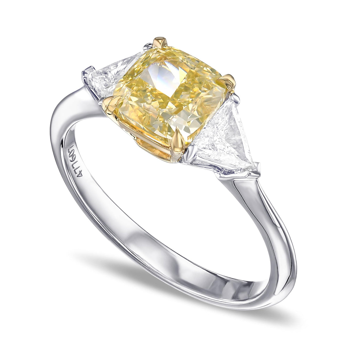 Fancy Brownish Greenish Yellow Cushion and Triangle Three stone Diamond Ring 