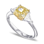 Fancy Brownish Greenish Yellow Cushion and Triangle Three stone Diamond Ring 
