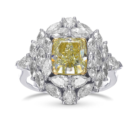 Extraordinary Fancy Green Yellow Cushion Diamond Ring