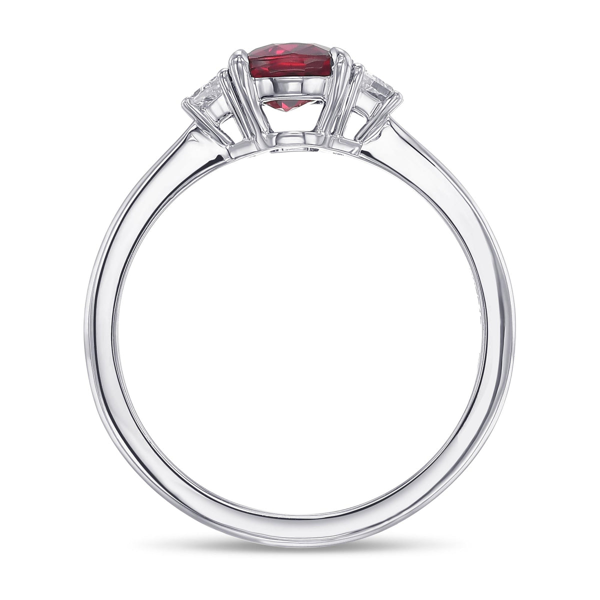 Cushion Ruby & Trapezoid Diamond 3 Stone Ring