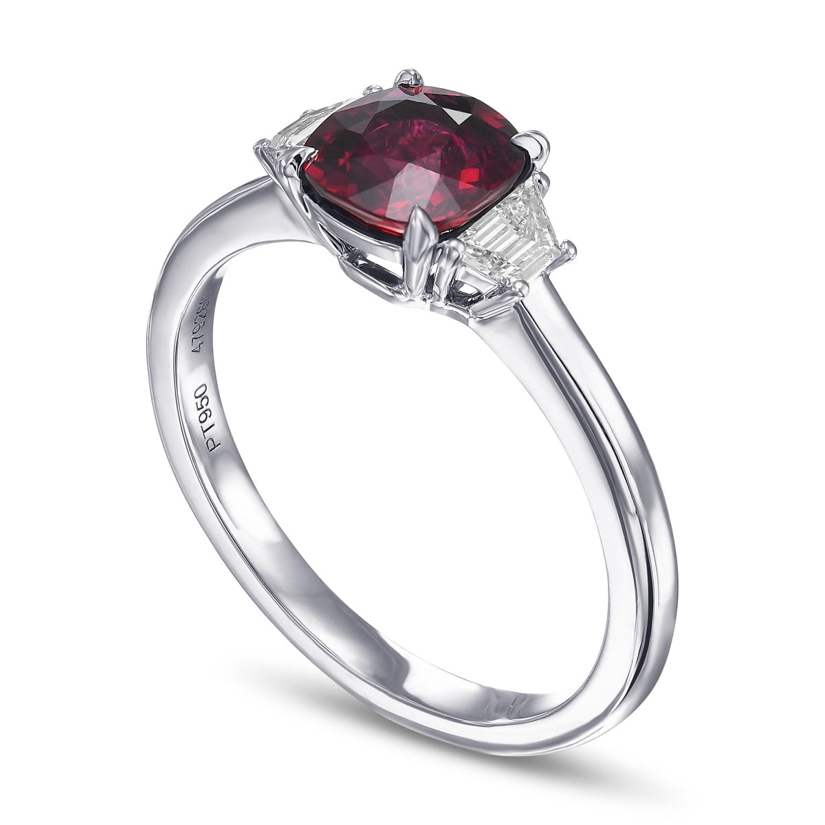 Cushion Ruby & Trapezoid Diamond 3 Stone Ring