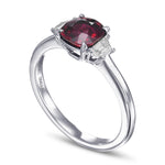 Cushion Ruby & Trapezoid Diamond 3 Stone Ring