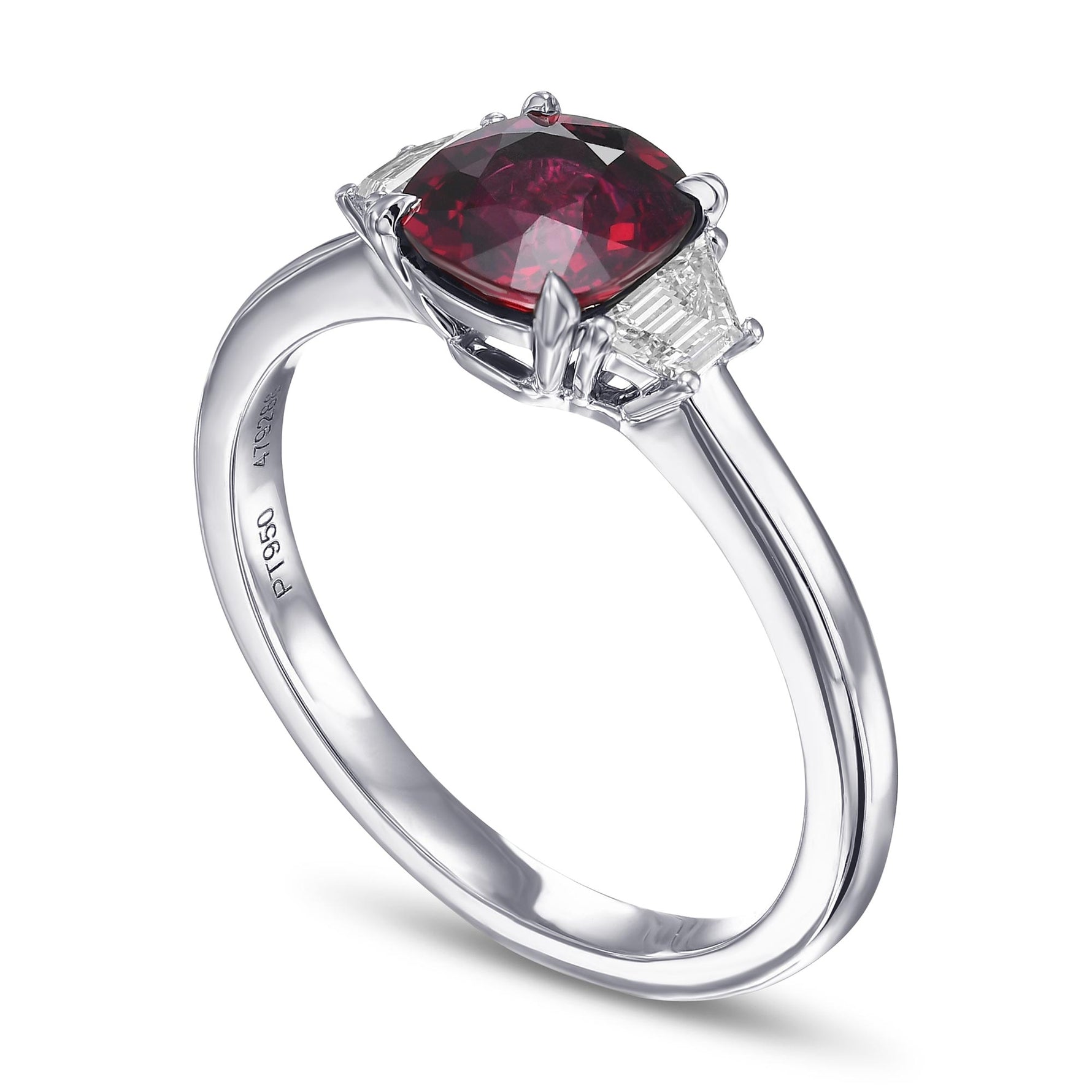 Cushion Ruby & Trapezoid Diamond 3 Stone Ring